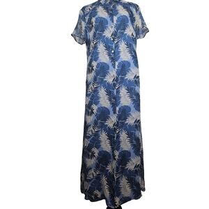 ROBBIE BEE Size 12 100% silk Blue Leaf Print Button-Up Maxi Dress Resort Beach